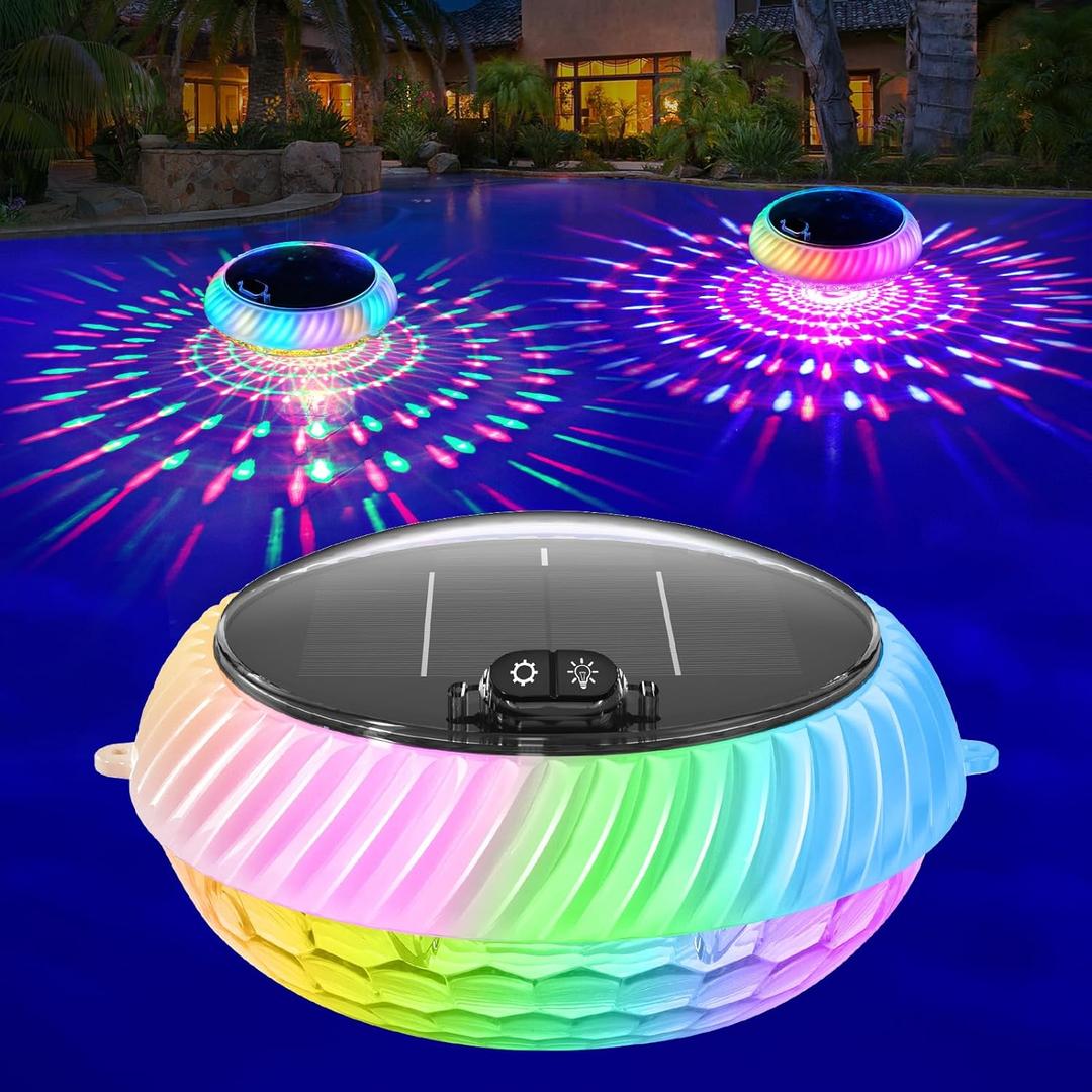 FirstE Solar Floating Pool Lights, 7.6" Dynamic RGB Color Floating Solar Pool Lights IP68 Waterproof, Light Sensing LED Pool Decor Light for Inground, Above Ground Pools, Outdoor, Garden, Party (White)