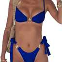 SOLY HUX Women's Bathing Suit Ring Linked High Cut String Bikini Set Tie Side Thong Two Piece Swimsuit (Medium, Plain Royal Blue)