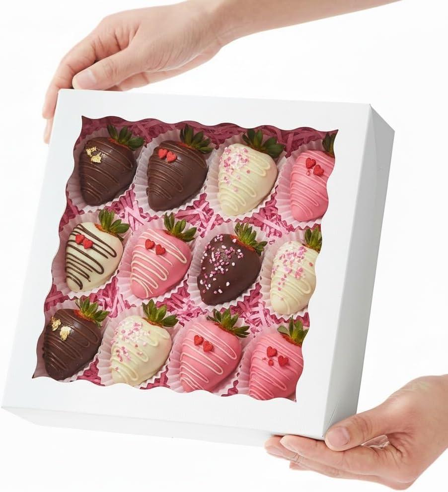 RomanticBaking 50pcs 9x9x2.5 Inches Pie Boxes Chocolate Covered Strawberries Boxes Cookies Boxes Breakable Hear Cakesickle Packaging Chocolate Truffle Box (White)