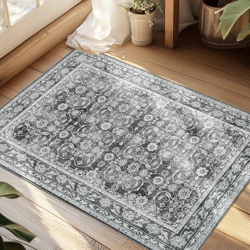 Andency 2x3 Washable Vintage Area Rug, Light Grey Stain Resistant Entrance Mat Small Indoor Rug, Non-Slip Distressed Printed Carpet for Kitchen Bathroom Bedroom Living Room