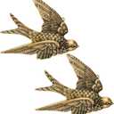 2 Pcs Vintage Bird Wall Sculpture Decor Art 4.7 Inch Antique 3D Sculpted Hanging Bird Resin Wall Art Golden Brass Floating Ornament for Living Room Garden Outdoor, Gifts for Couples Housewarming