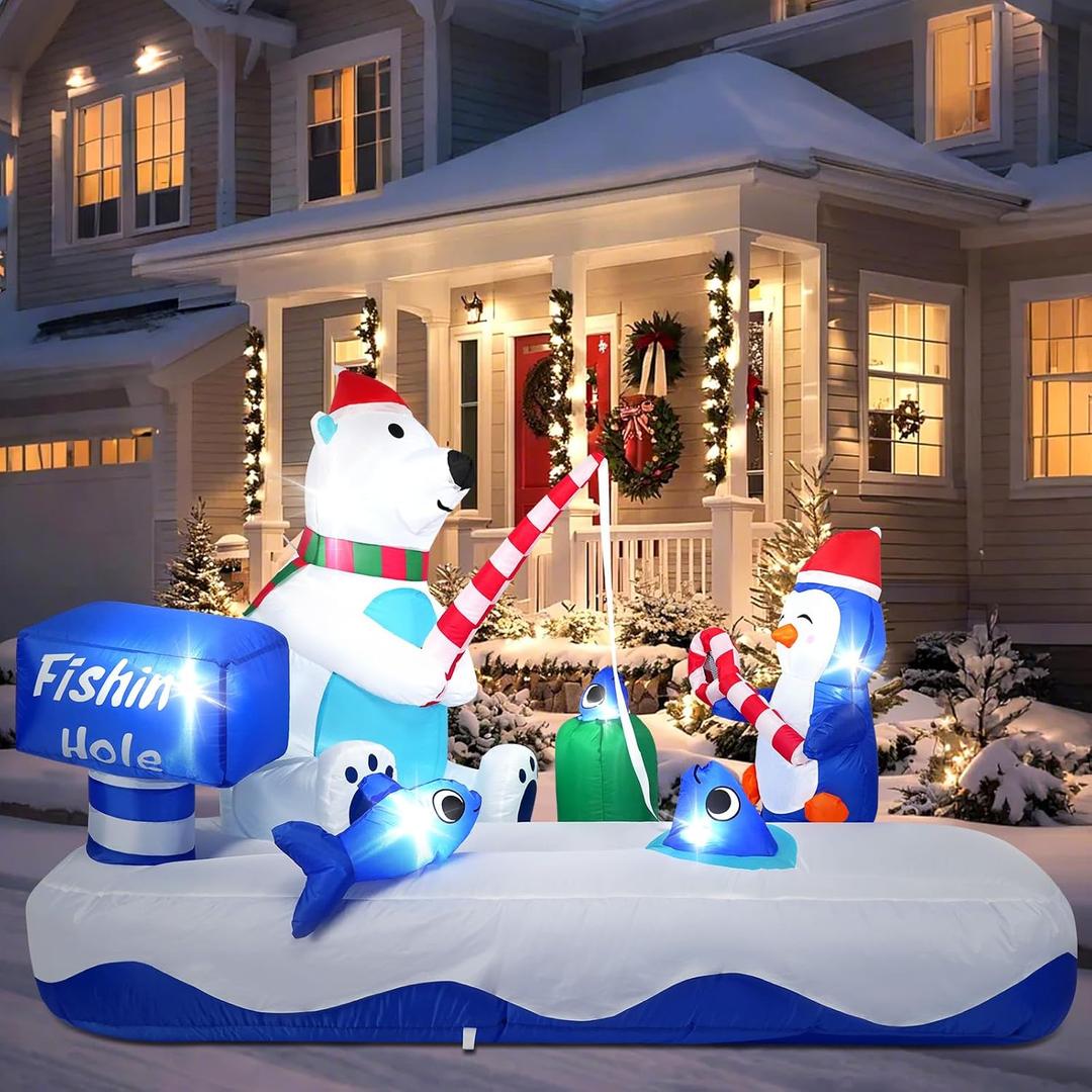7FT Giant Inflatable Christmas Decor,Cute Polar Bear Fishing with Penguin, Holiday Party Decor,Outdoor Blow Up Yard Decoration with Built-in LED Lights for Xmas, Garden, Lawn