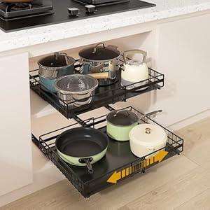 REALINN 2 Pack Pull Out Cabinet Organizer, Expandable(12"-20") Slide Out Drawers 3 Slide Rails Fix with Adhesive or Screw, Roll Out Shelves for Kitchen Cabinet Organization, Black