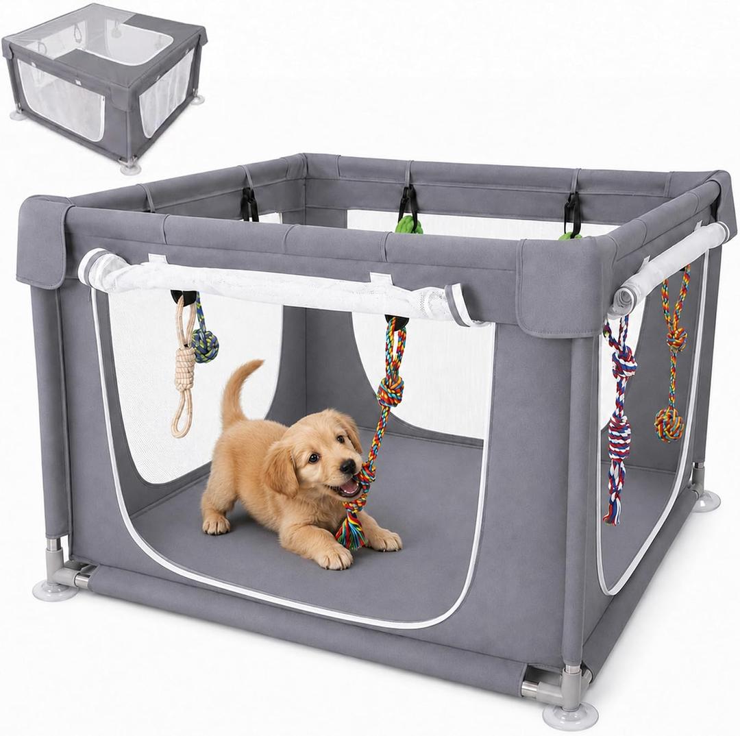 Puppy Play Pen for Indoors with Top Cover, 42" x 42" x 25", 8 Chew Toys | Dark Grey, 42" fabric dog playpen with top cover, exterior zippers, breathable mesh, four zippered sides, and 8 chew toys.