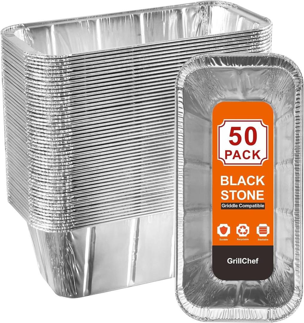 GrillChef 50-Pack Blackstone Griddle Accessories Grease Cup Liners, Drip Pan Aluminum Foil for Blackstone 17, 22, 28, 36 Inch Griddle, Grease Catcher Grill Tray, Disposable