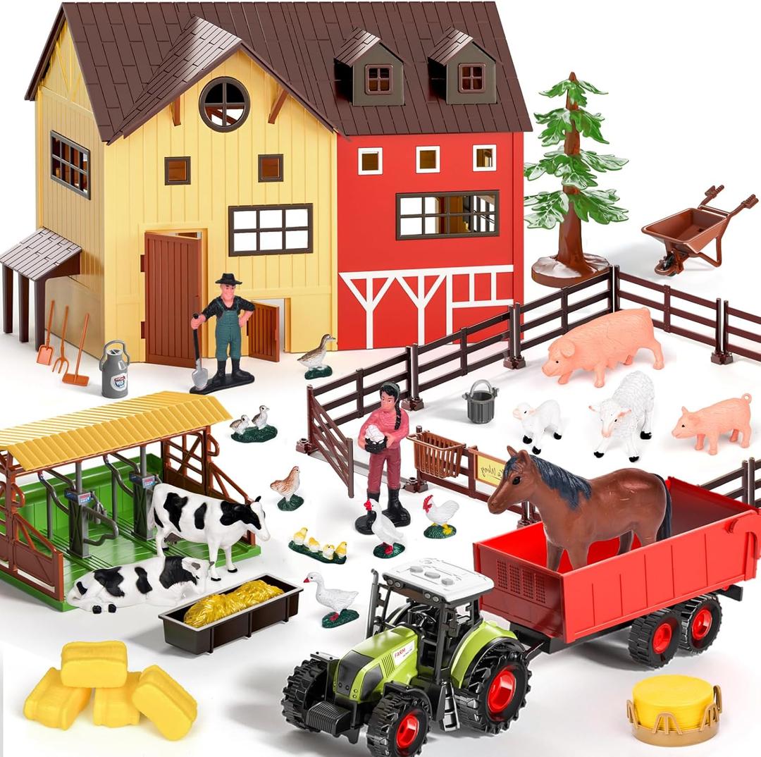 Farm Animals Barn House Toys - Kids Tractor Toy with Lights & Sound, Horse Stable, Cowshed, Chicken Fence, Animal, Farm Accessories, Easter Birthday Gifts for Boys Toddlers Ages 3+