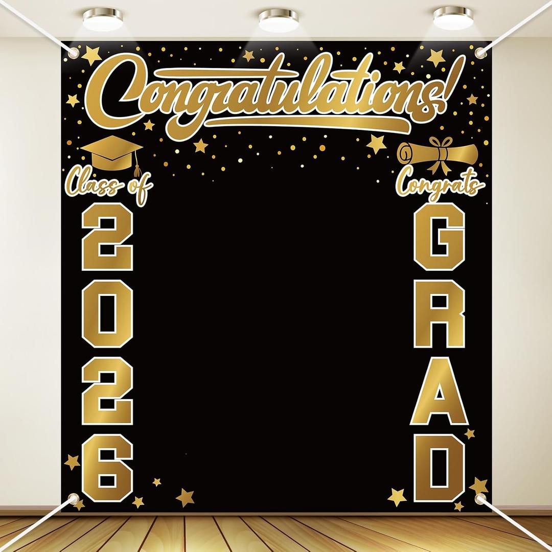 Frienda Large Class of 2026 Graduation Backdrop 6.6 x 7.2 ft Congrats Grad Graduation Party Decoration Photography Background for High School College Party Decor Supplies(Black Gold)