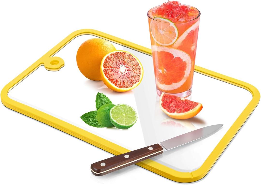 Glass Cutting Board,Glass Cutting Boards for Kitchen Counter,Clear Tempered Chopping Board Set with Non-Slip Silicone Edge,Hanging Hole,Dishwasher Safe,Heat Proof,Shatter Proof (Yellow)