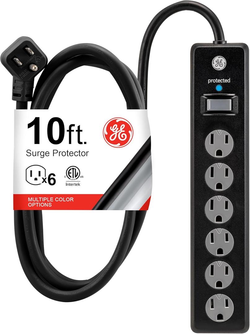GE 6-Outlet Surge Protector, 10 Ft Extension Cord, Power Strip, 800 Joules, Twist-to-Close Safety Covers, Protected Indicator Light, ETL Listed, Black, 37442
