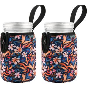 Beautyflier Mason Jars 32oz Wide Mouth Sleeve Regular Mouth Mason Jars Insulators Drinking Glass Coolers Sprouting Jars Blackout Sleeve (Colorful Flowers)