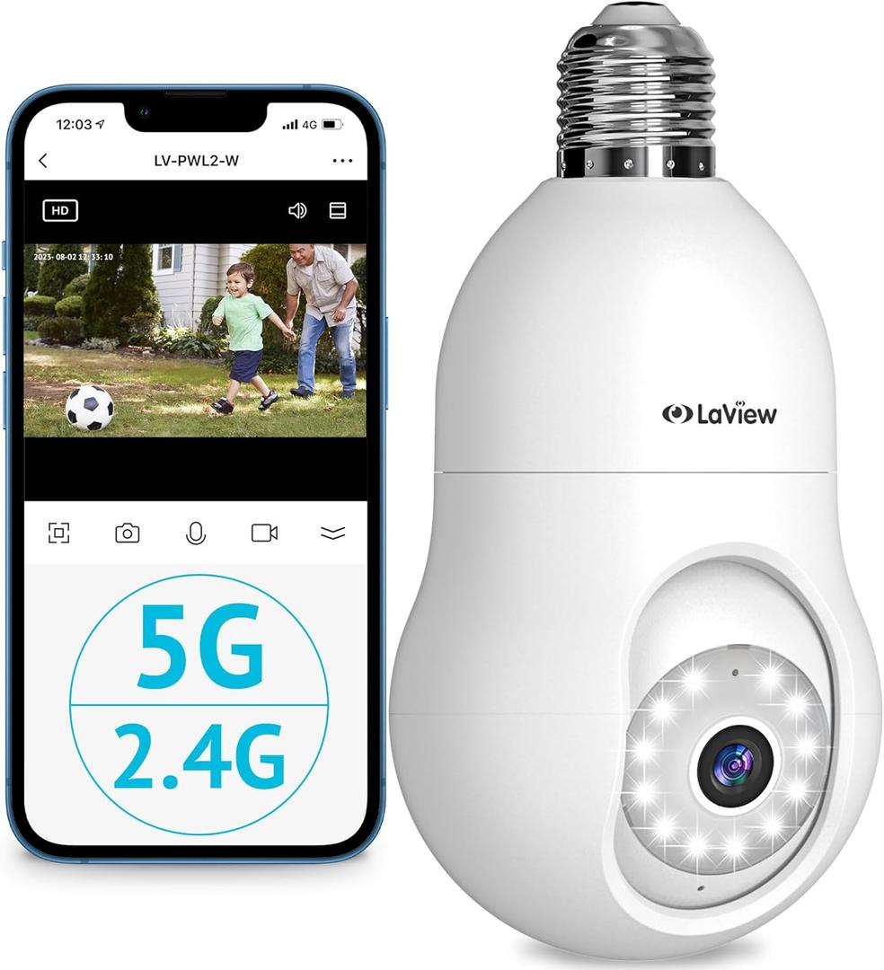LaView 4MP Bulb Security Camera 5G& 2.4GHz WiFi, 3602K Security Cameras Wireless Outdoor Indoor Full Color Day and Night, Motion Detection, Audible Alarm, Easy Installation, Compatible with Alexa (White)