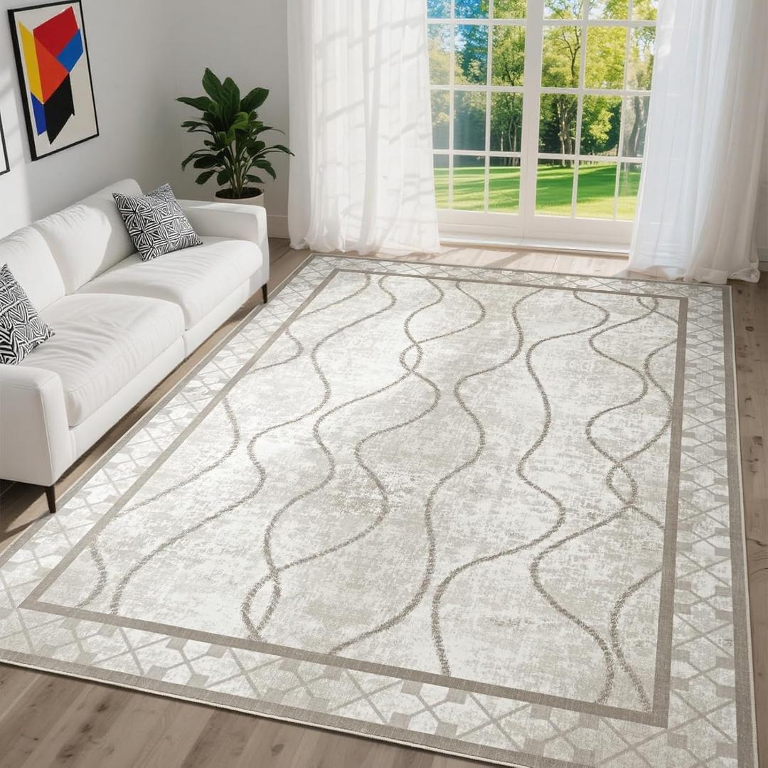DweIke 4x6 Area Rugs for Living Room, Machine Washable Bordered Rug for Bedroom, Luxury Rubber Backing (Non-Slip) Low Pile Throw Carpet for Dining Room Kitchen Home Decor, Beige