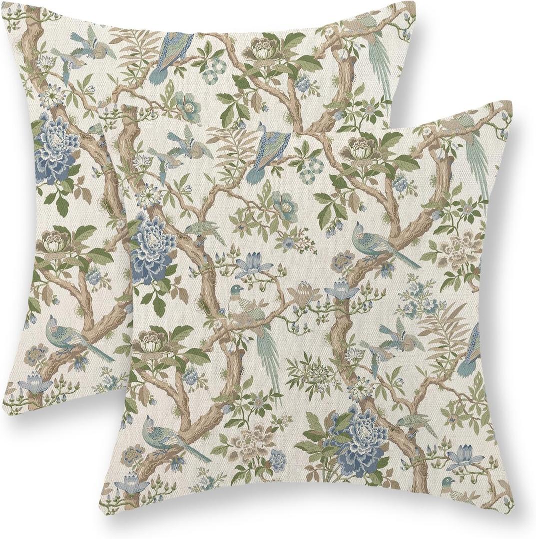Blue Green Floral Bird Pillow Covers 16x16 Set of 2 Chinoiserie Throw Pillows Green Vintage Flowers Bird Decorative Pillow Cases Outdoor Chinoiserie Decor Farmhouse Cushion Case for Couch Sofa