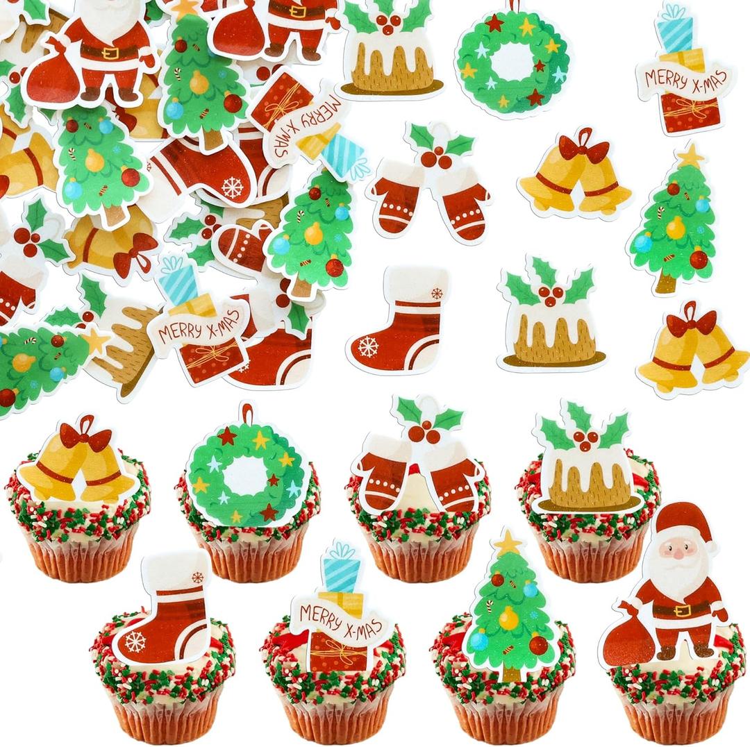 4 x Ephlyn 48Pcs Edible Christmas Cake Toppers Wafer Paper Christmas Cupcake Decorations Xmas Cookie Decorations for Xmas Festival Birthday Party Food Decor Green