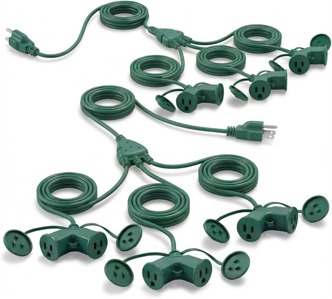 Kingdder 2 Pack 50 ft Christmas Extension Cord 1 to 3 Splitter Extension Cord 6 Prong Plug with 3 Extended Outlets and Weatherproof Covers for Outdoor Indoor Christmas Connect Extend String Lights