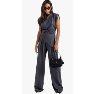 Women's Round Neck Pleated Sleeveless Casual Suit, Sleeveless Crewneck Vest Wide Leg Pantsuit Business Sets with Pocket Dark Gray, XL