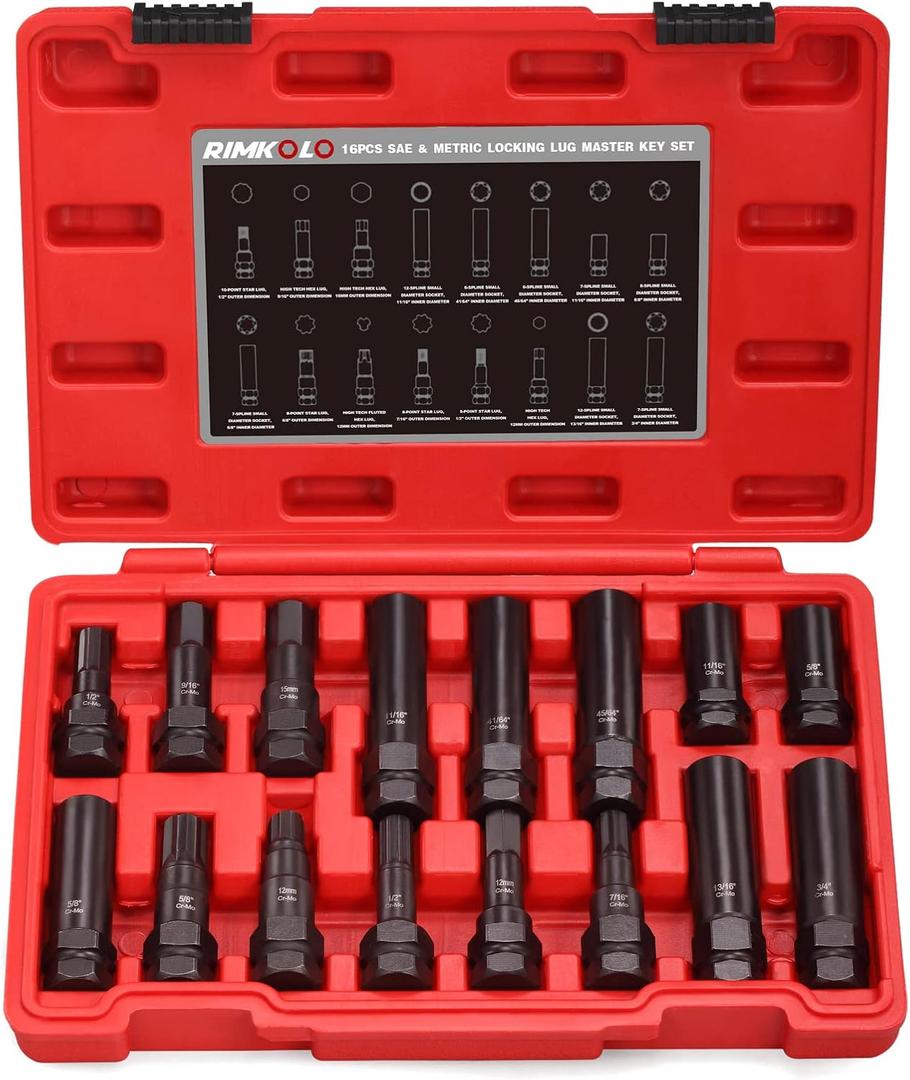 16-Piece Locking Lug Master Key Set, SAE and Metric Wheel Lock Removal Kit for Removing Lock Lug Nuts on Aftermarket Wheels