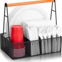 Paper Plate Organizer with Handle for Countertop, Metal Silverware Caddy for Cups, Napkins, Paper Plate and Utensil Holder, Cutlery Caddy for Party, Camping, Picnic (Black)