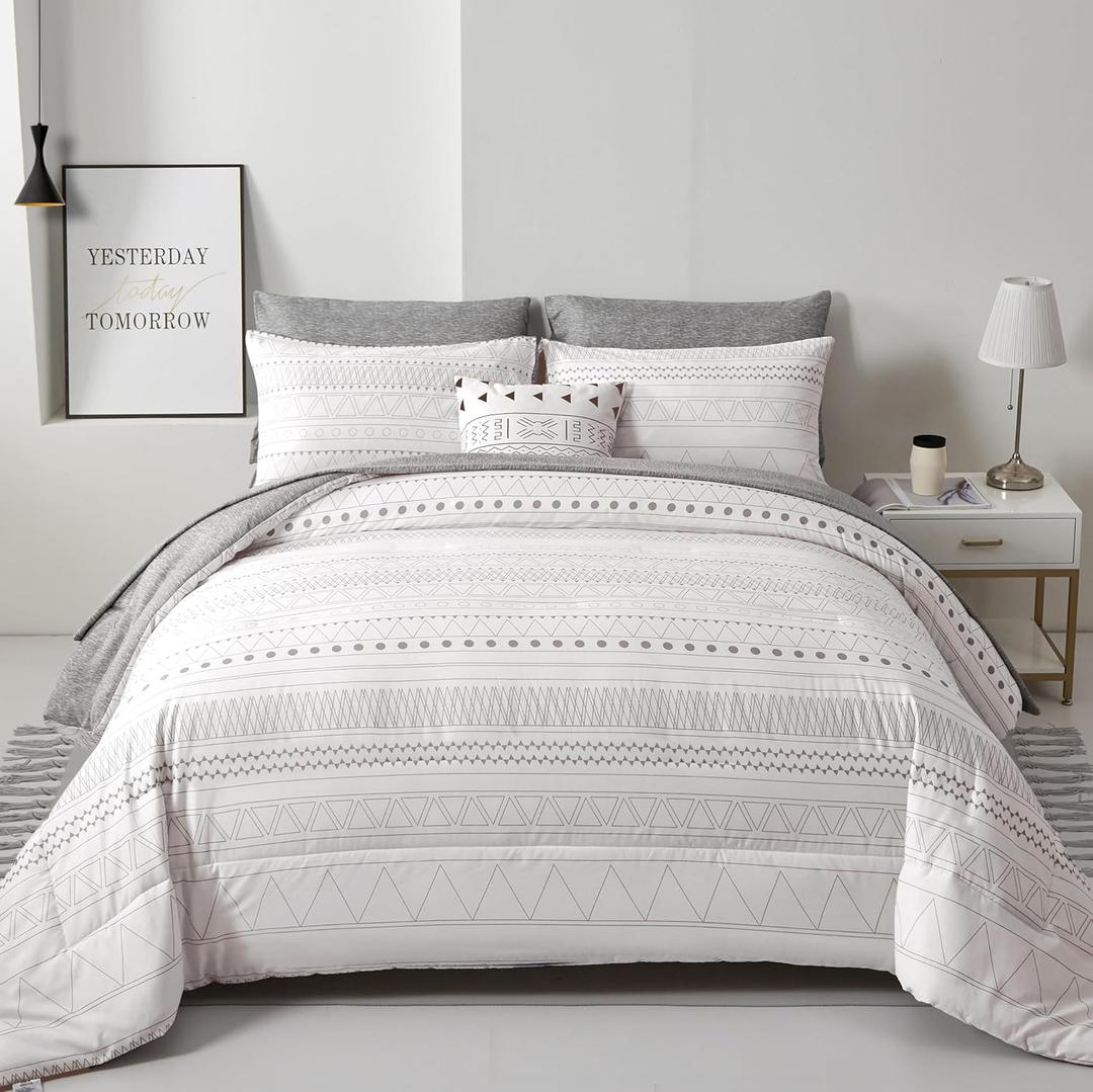 Boho Comforter Set King Size,7 Pieces Grey White Geometric Bohemian Bed in a Bag Comforter Complete Striped Bedding Set for All Season with Sheets, Pillowcases & Shams Soft Microfiber