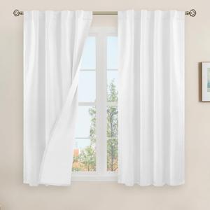 LAMIT Natural 100% Blackout Linen Curtains, 45 Inches Linen Textured Thermal Bedroom Curtains Back Tab and Rod Pocket Neutral Panels with White Liner for Farmhouse, 2 Panels, 38 x 45 Inch, White