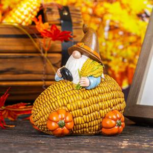 Autumn Gnome Statue Corn Car with Pumpkin Wheel Enchanting Fall Resin Figurine for Thanksgiving Party Home and Outdoor Decor