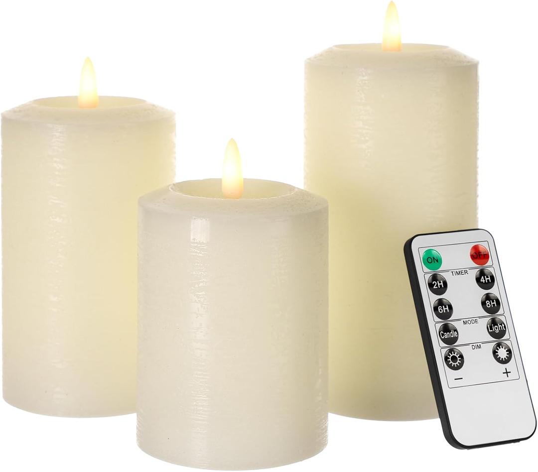 ANGELLOONG Flameless Pillar Candles with Remote, Real Wax LED Candles with Timer, Set of 3 Battery Operated Electric Candle Flickering for Party Home Living Room Decor (Ivory White(Concave top))