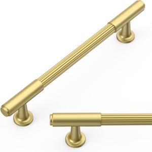 Amerdeco 10 Pack Brushed Gold Cabinet Pulls 5 Inch(128mm) Hole Center Heavy Duty Solid Kitchen Cabinet Handles Drawer Pulls