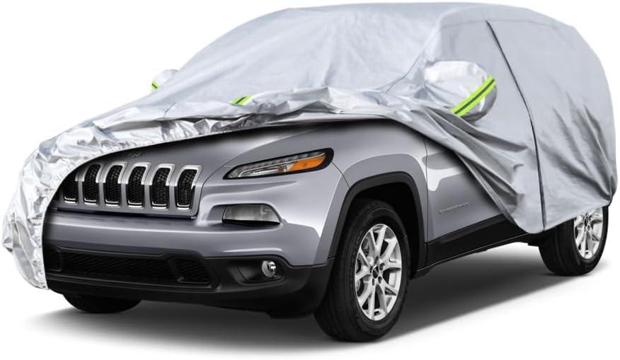 Koukou SUV Car Cover Custom Fit Jeep Cherokee from 2013 to 2025, Waterproof Car Cover All Weather for Automobiles Outdoor Indoor with Zipper Door, Sun Rain Dust Snow Protection (Silver)