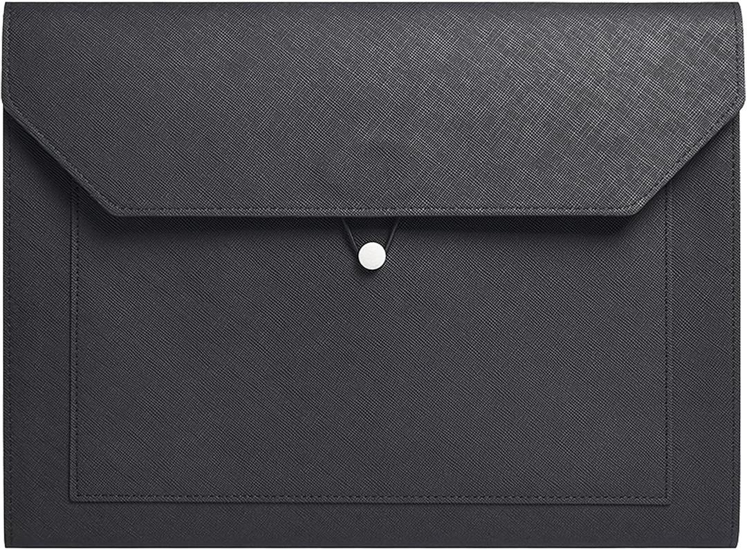 PU Leather A4 File Folder Document Holder 2 Pockets Portfolio Envelope Folder Case with Elastic String 3/4 Inch Expansion (Black)