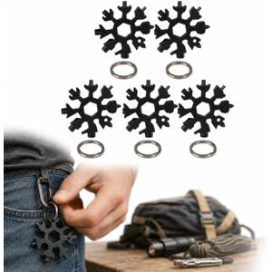 5 Pack Snowflake Multi Tool Keychain, Compact Alloy Steel EDC Wrench with Screwdriver, Bottle Opener and Hex Wrench for Camping, Repair and Everyday Carry, Black