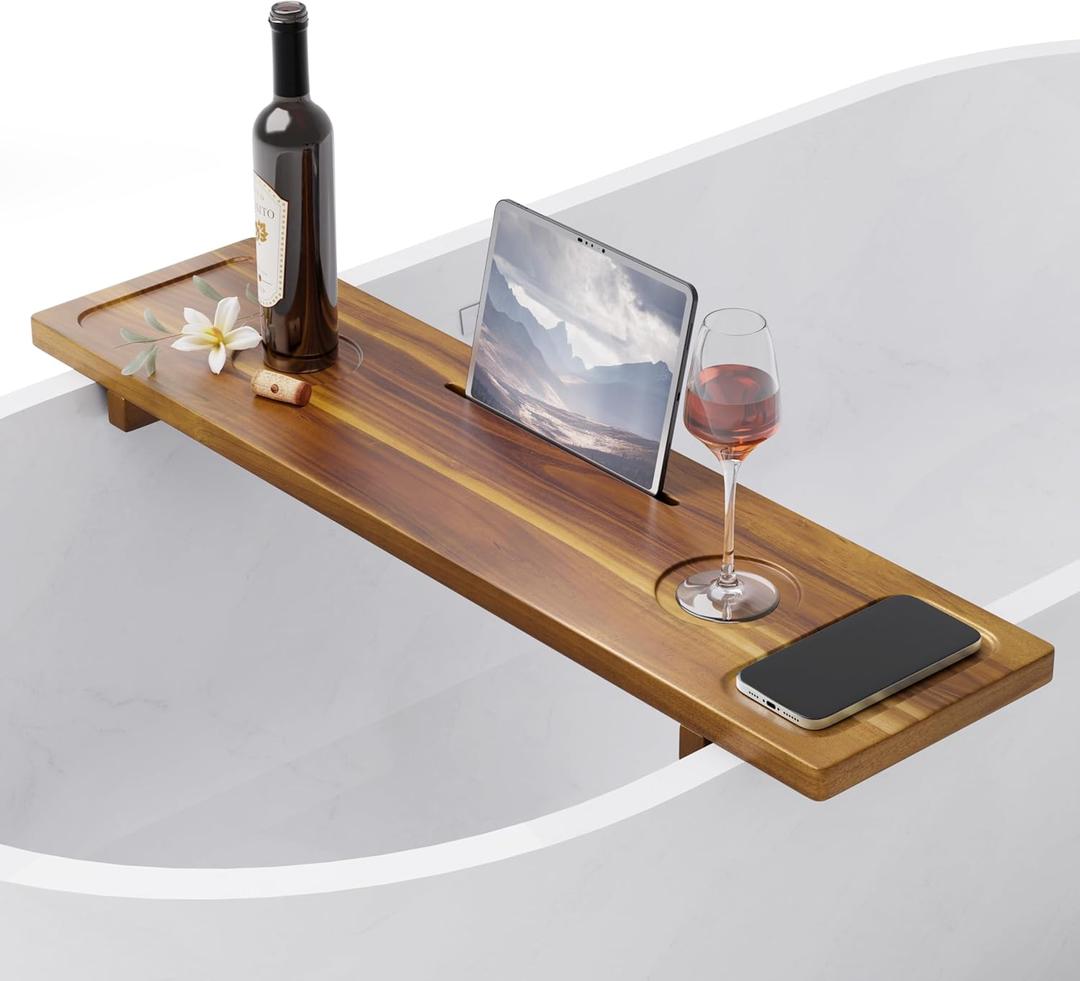 Bathtub Tray, Acacia Bath Tray for Tub, 34.6''x9'' Wooden Bathtub Caddy Tray with Adjustable Legs Fit Various Bathtubs, Anti-Tipping, Sustainable Bath Table with Glass and Tablet Holder