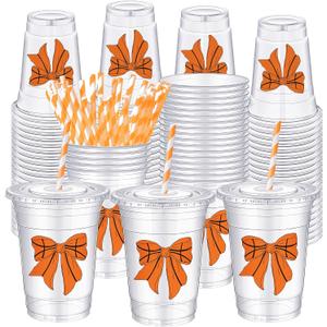 Sliner 50 Pcs Basketball Coquette Party Supply 16 oz Basketball Bow Cups Plastic Disposable Cups with Lid and Straw Sports Lover Team Party Drinkware Senior Night Valentine Baby Shower Supplies