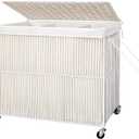 WOWLIVE Laundry Hamper with Wheels, 160L Handwoven Rolling Laundry Basket 3 Section with Lid, Clothes Hamper with 3 Removable Liner Bags, Large Laundry Sorter Laundry Room Organization, Creamy White, 150l