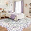 Scalloped Floral Rug 8x10, Purple Lavender Washable Non Slip Large Area Rug for Girls Bedroom, Soft Low Pile Cottagecore Rug for Nursery, Dorm, Living Room