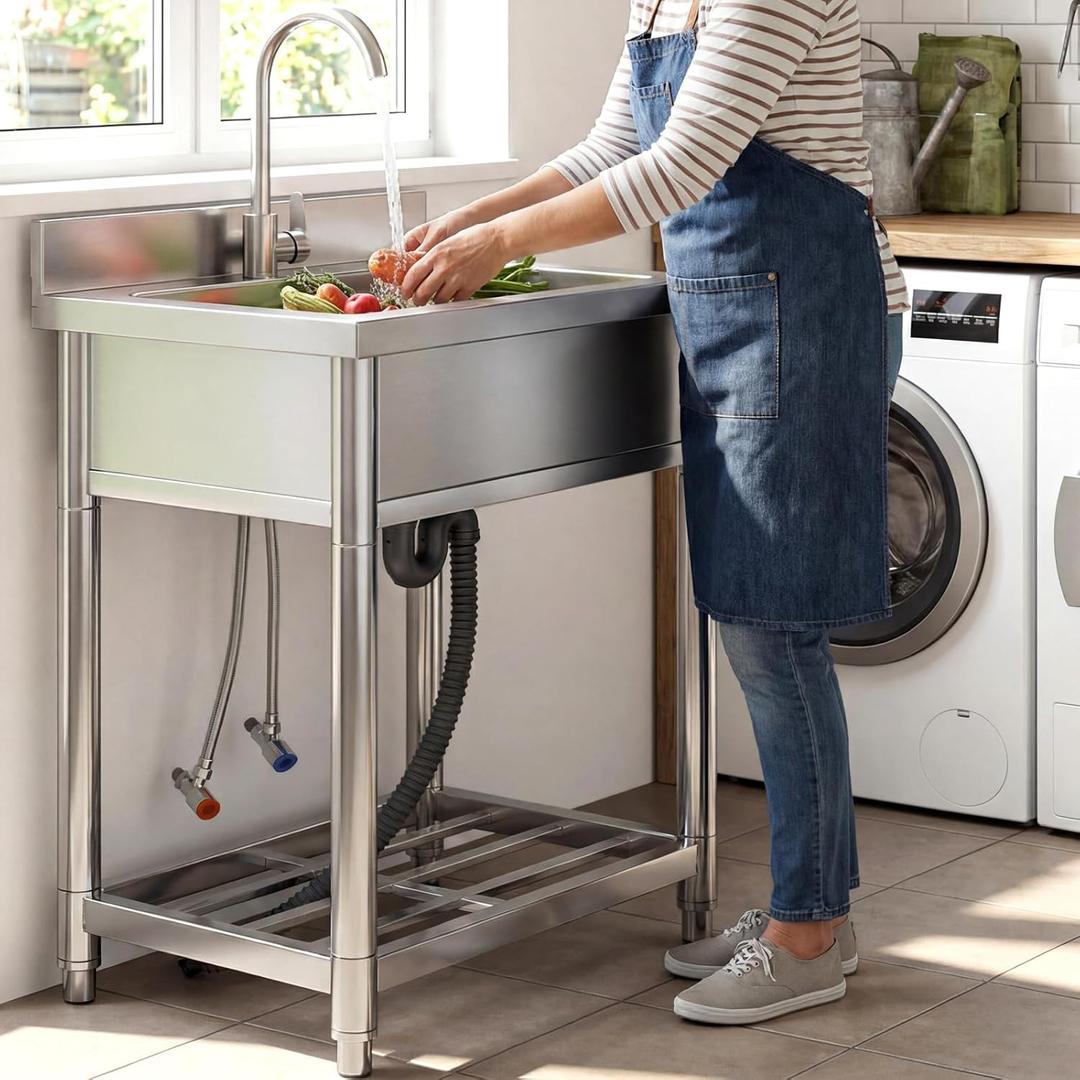 Stainless Steel Utility Sink, Free Standing Single Bowl Kitchen Sink with Cold and Hot Water Faucet, Commercial Sink for Restaurant Bar Cafe Hotel and Garage, Indoor and Outdoor Sink, 21.7 in