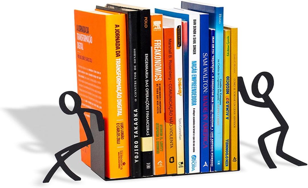 Figurine Bookends with Book-Holding Characters - Steel with Epoxy Coating - Decorative Pair of Book Holders for Shelves, Desk, and Office - Black Geguton