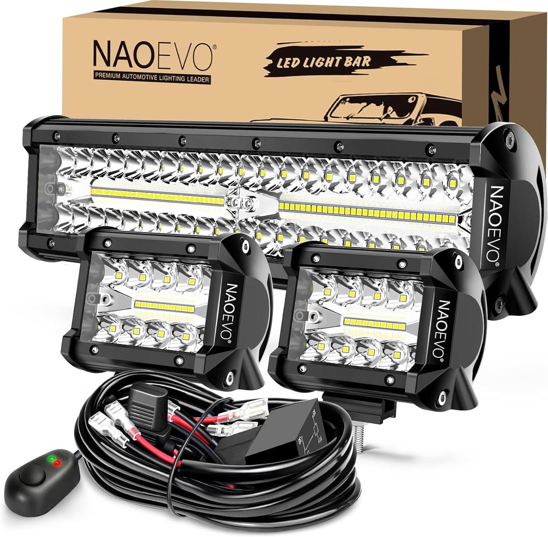NAOEVO 12Inch LED Light Bar and 2PCS 4Inch LED Pod Lights, 420W 42000LM LED Fog/Driving/Off Road Lights Bar, Spot Flood Combo LED Light Bar with Wiring Harness Kit-3 Lead for Truck ATV Boat