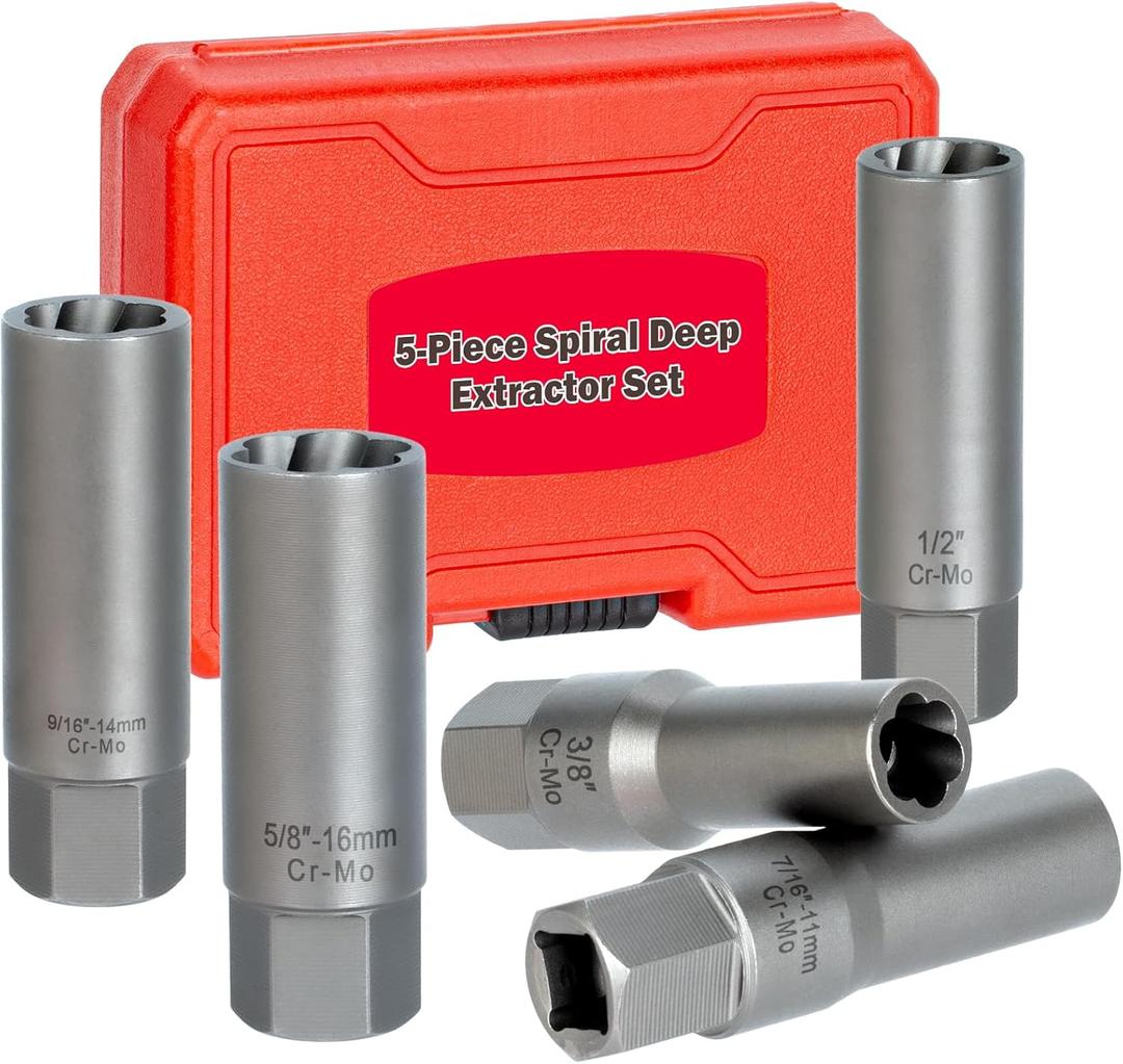 5PCS Deep Bolt Extractor Kit, Easy Out Spark Plug Extractor Socket Set, Ez Out Lug Nut Removal Tool for Removing Deeply Trapped Stripped, Broken, Damaged Hexagon Bolts, Threaded Pipes Stud & Screw