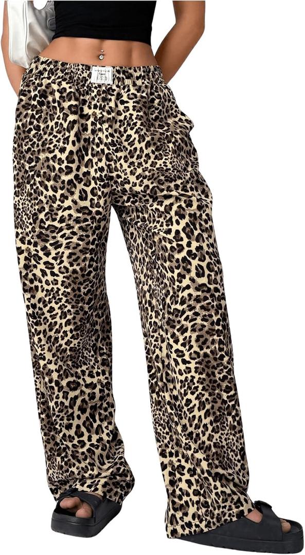 RoseSeek Women's Letter Leopard Print Straight Leg Pants Elastic Waist Y2K Trousers Bottoms with Pockets Red and White X-Large Plus