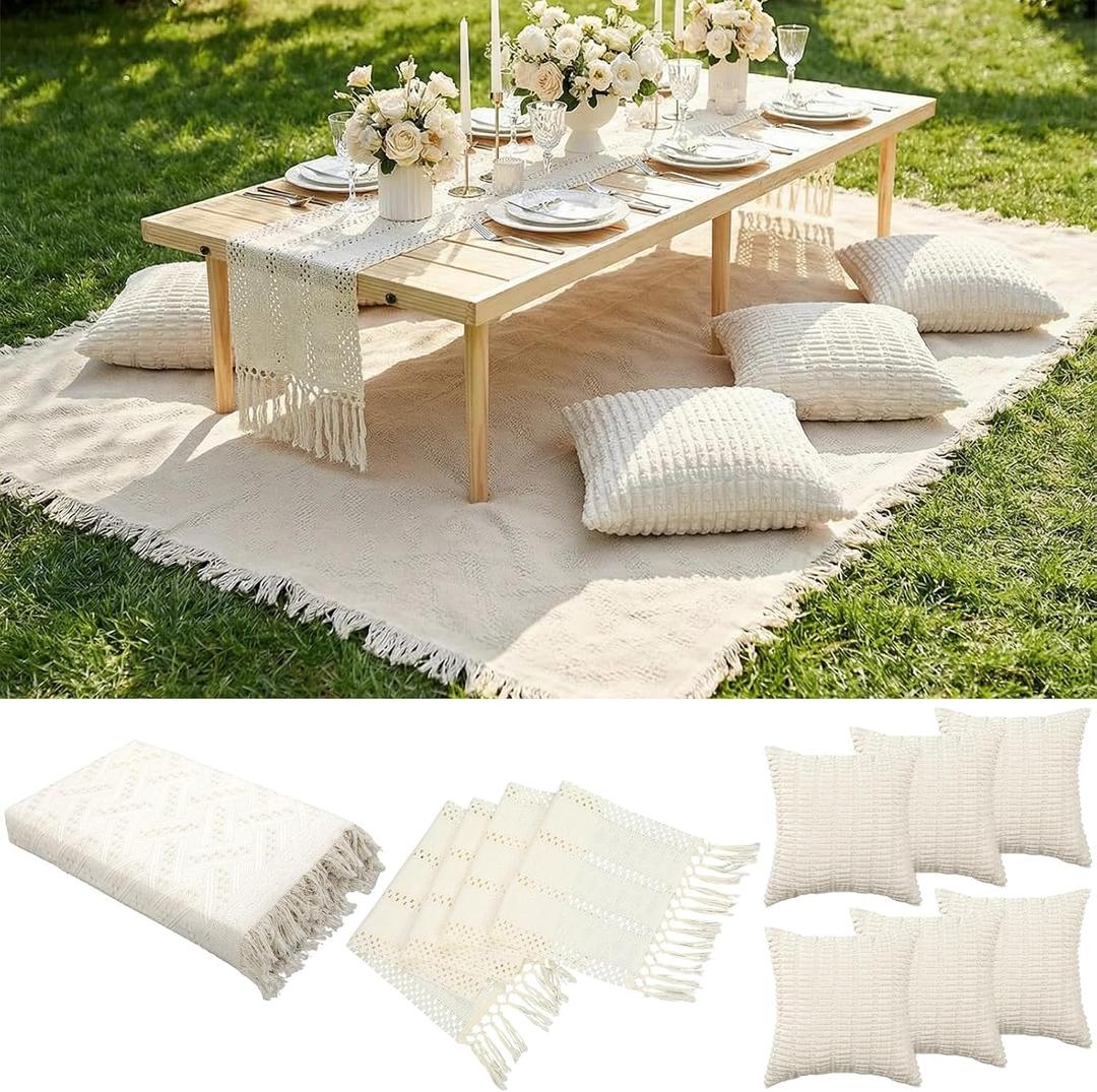 Beeveer Extra Large Outdoor Boho Picnic Blanket 91'' x 71'' White Table Runner 6 Throw Pillow Cover Woven Cotton Yarn Oversize Beach Blanket Washable for Picnic Camp Wedding