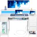 TIQLAB Computer Desk with Drawers and Power Outlets, 47 Inch Gaming Desk with LED Lights, Home Office Desk with Monitor Stand and Keyboard Tray, Study Writing Work Desk for Home Office, White