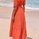 PRETTYGARDEN Summer Dresses for Women 2026 Elegant Classy Short Sleeve V Neck Ruffle A Line Belted Long Beach Vacation Dress (Red), Large