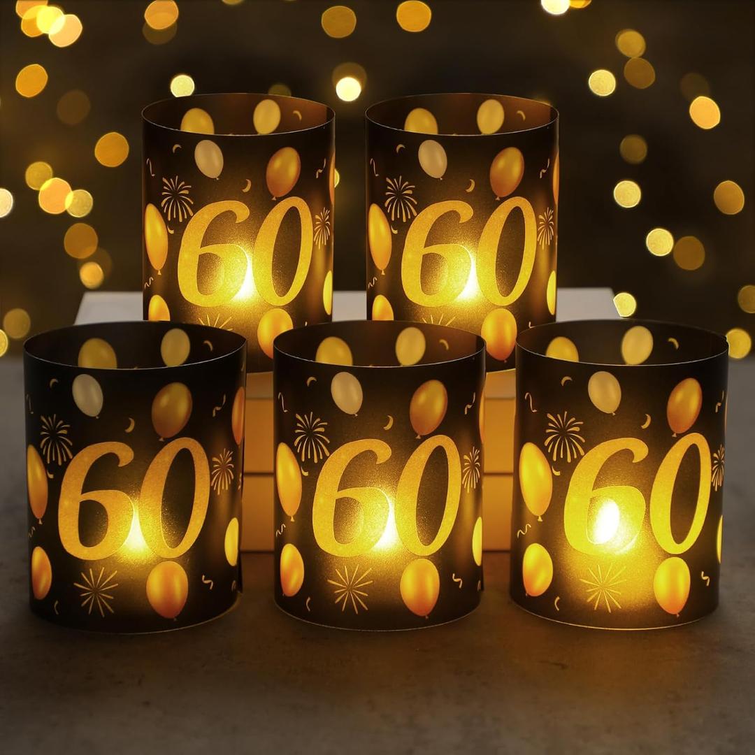 10 Sets 60th Happy Birthday Centerpieces for Table Black and Gold Birthday Decorations Lantern Boxes with Tea Lights Candles Centerpieces for Men Women 60th Party Supplies