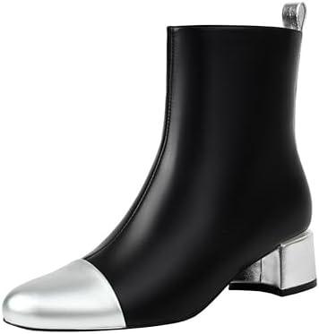 Mofirdast Women's Ankle Chunky Low Heels Boots Round Cap Toe Two-tone Color Blocking Booties Side Zipper Mid calf Boots, 6