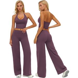ABOCIW Womens Workout Sets 2 Piece Spaghetti Straps Crop Top Straight Leg Yoga Pants Yoga Pilates Outfits (Small, Halter Plum)