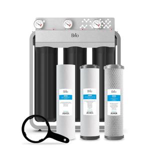 Brio 3-Stage Whole House Filtration System, Anti-Scale, 900 GPH, 4.5" x 20" Sediment, PHO, and CTO Carbon Block Filters Included