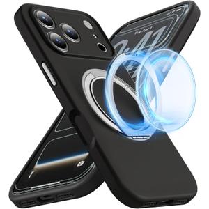 FEWGEY Silicone for iPhone 17 Pro Max Case, with 360 Spin MagRing Magnetic Holder Stand Compatible with MagSafe and Camera Control, Soft Liquid Silicone Cozy Grip, Black