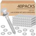 Tandefio 40 Pack 1/2 x 4'' Lag Bolts Screw Kit with Washers Hot Dip Galvanized Hex Lag Bolts Heavy Duty Wood Screws for Wood Decks Fences