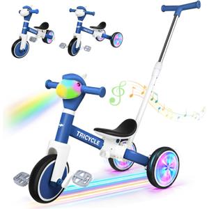 5 in 1 Tricycle for Toddlers 1-3 Year Olds, Push Trike Toys with Light Wheels & Music Front, Toddler Balance Bike for 2-4 Years Old Boys Girls, Birthday Gifts for 1 2 3 Kids Bike (Blue Flash Wheel)