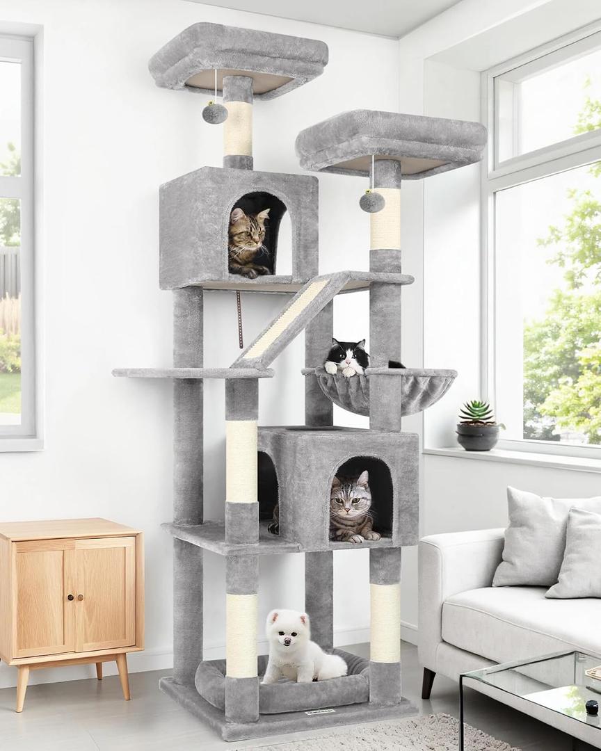 Globlazer 74in Heavy Duty Cat Tree for Large Indoor Cats, Multi-Level Cat Tower with Scratching Post, Cat Condos with Climbing Ladder, Hammock, Extra Large Top Perches, Pet Bed, F74D, Light Grey